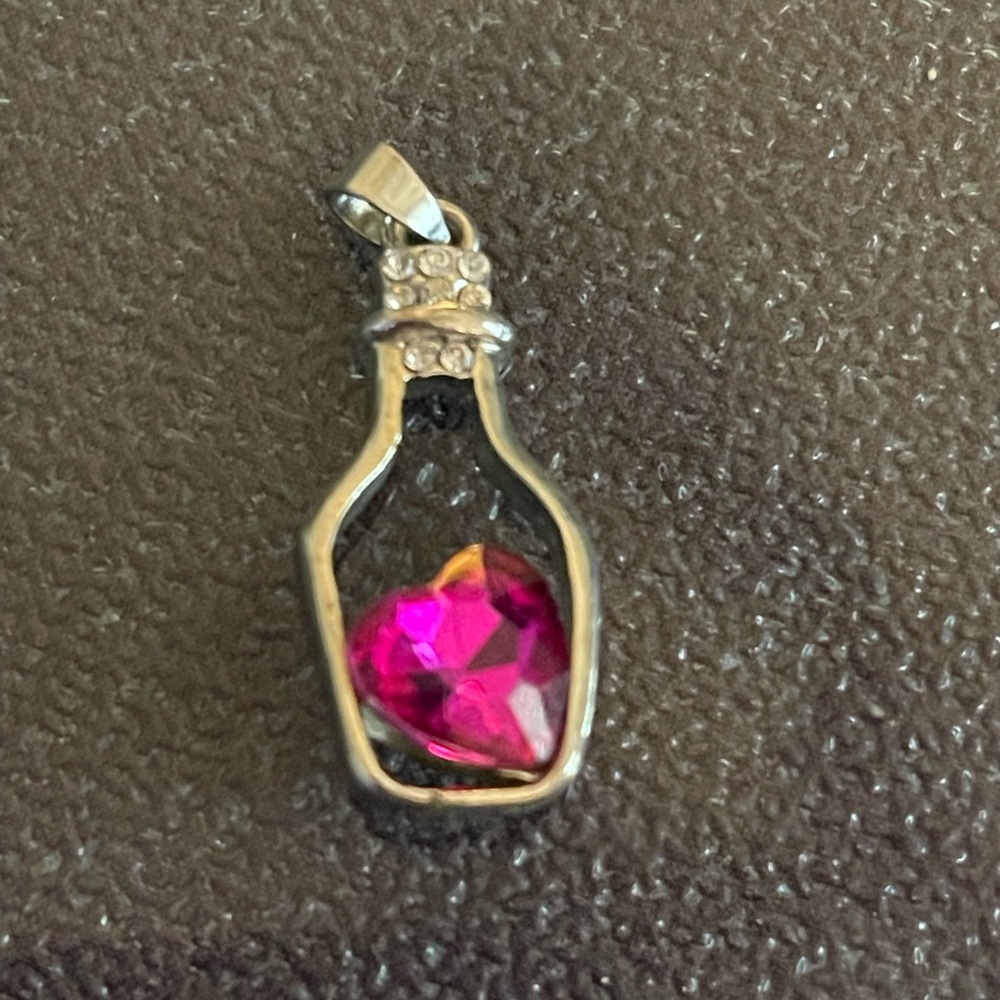 Silver Toned Pendant w/ Hot Pink Heart Jewel